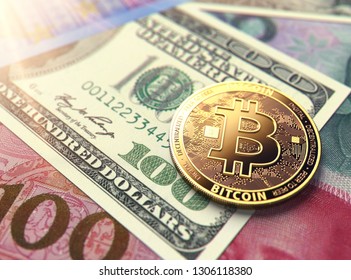 Bitcoin Coin On Chinese Yuan Bills. Stable Situation Of Bitcoin In China Concept. 3D Rendering