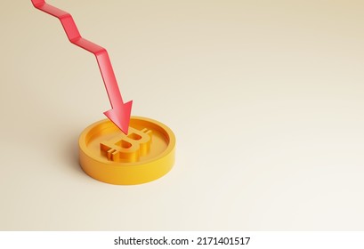 Bitcoin Coin Price Decline, Less Profit, Loss, Investment Risk Of Cryptocurrency. Red Arrow Downward Graph And Bitcoin Coin. 3d Render Illustration.