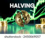 Bitcoin coin split in half in front of a bullish BTC candlestick price chart background, concept of Halving, an event that occurs every four years and divides miners