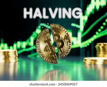Bitcoin coin se divide por la mitad frente a un fondo de gráfico de Precio de candelabros BTC alcista, concepto de reducción a la mitad, un evento que ocurre cada cuatro años y divide las recompensas de los mineros en la mitad. representación 3D