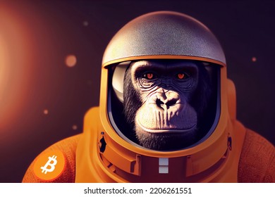 Bitcoin Creation. Ape Astronaut In Space Wearing Orange Bitcoin Space Suit.