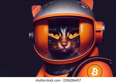 Bitcoin Creation, Space Cat With Orange Space Suit With Bitcoin Logo. HODLnaut-Hommage