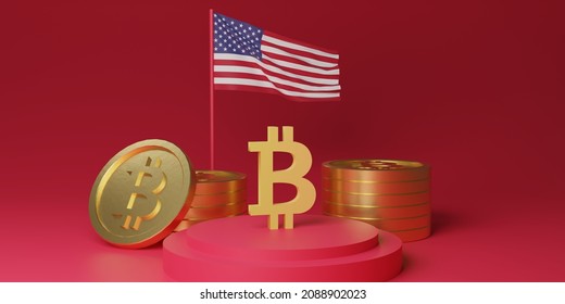 Bitcoin Cryptocurrency 3d Render Logo With USA Flag. Golden Coins On Podium Scene.