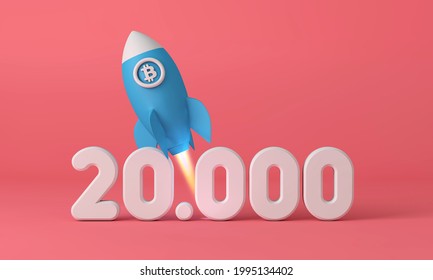Bitcoin cryptocurrency rocket taking off to 20,000 price point. 3D Rendering