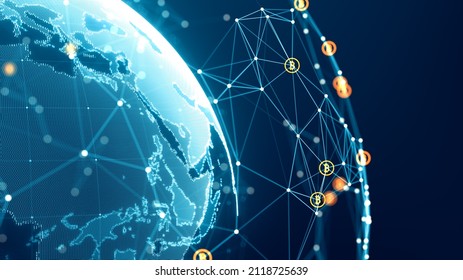 Bitcoin Digital Blocks Security Connections. Futuristic Digital Money And Technology Worldwide Network Concept. Bitcoin Is Popular In Global Business And As A Safe Haven Asset. Blockchain Technology.