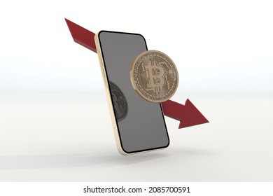 bitcoin down with smartphone mockup. 3d render