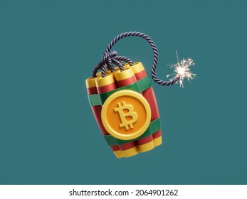 Bitcoin Dynamite Bomb TNT Detonator Explosive Coin Crypto Currency 3D Illustration Render