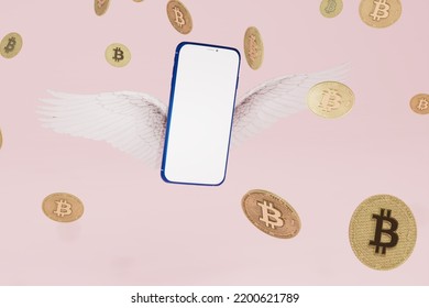 Bitcoin Earning Online. Smartphone With Wings Around Which Bitcoins Fly. 3d Render.