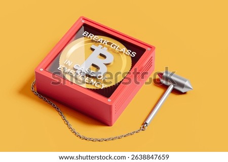 Bitcoin emergency box with red casing and metallic hammer on yellow background, 3D Rendering concept for urgent access to crypto financial reserves