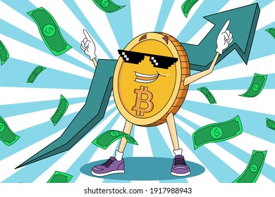 Bitcoin is enjoying its price rising and holding a big green bullish arrow. Thug life meme rising cartoon crypto bitcoin. Dollars around bitcoin. Good news about Bitcoin funny cartoon illustration 