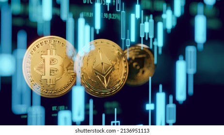 Bitcoin Ethereum 3d Render Crypto Coin Cryptocurrency Growth Of Business Tech Companies And Binance Blockchain, Growth Graph Of Trending Rising Value Price, Abstract Illustration Gold Coin  