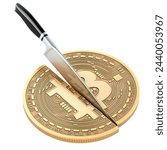 Bitcoin halving, concept. Knife cuts bitcoin in half, 3D rendering isolated on white background