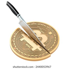 Bitcoin reduce a la mitad, concepto. Cuchillo corta bitcoin por la mitad, representación 3D aislado sobre fondo blanco