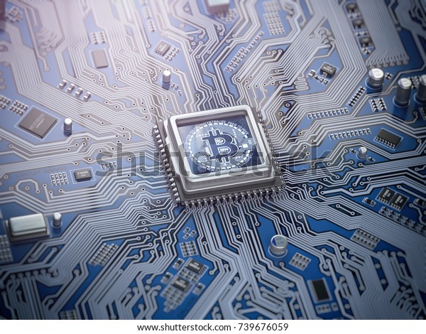 Bitcoin\
hologram over CPU core and computer circuit board or motherboard.\
Cryptocurrency mining concept. 3d\
illustration