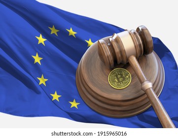 Bitcoin and judge gavel laying on flag of European Union. Bitcoin legal situation in eu concept. Crypto currency laws in eu concept, gavel and bitcoin with flag
3D rendering. - Shutterstock ID 1915965016