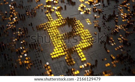  Bitcoin logo in the form of a microcircuit. Cryptocurrency transactions. Blockchain. Black gold color. 3d Illustration