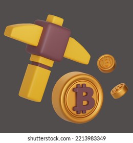 Bitcoin Mining Pickaxe. 3D Rendering