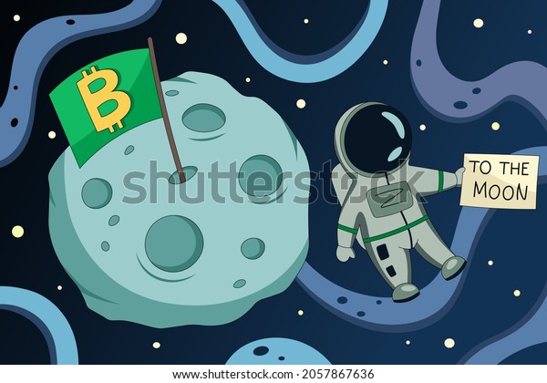 Bitcoin to the moon illustration. Price rise, good new,\
positive prediction image for web post, news, and blogs. Funny meme\
comic illustration of crypto astronaut and bitcoin flag on moon\
surface. 