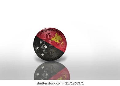 Bitcoin With The National Flag Of Papua New Guinea On The White Background. Bitcoin Mining Concept. 3d Illustration