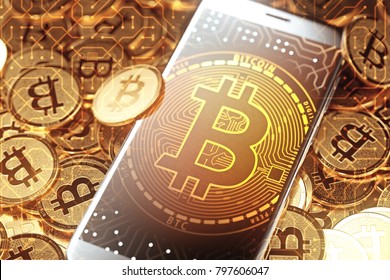 Bitcoin On The Phone. New Crypto Currency Concept