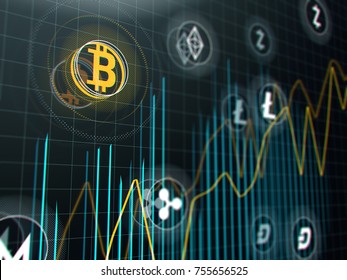 Bitcoin And Other Virtual Money. Cryptocurrency Stock Market Graph On Virtual Screen. 3d Illustration