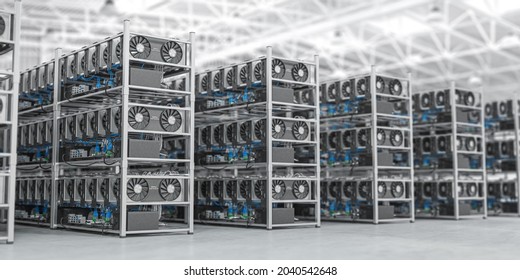 Bitcoin and others cryptocurrencies mining farm. GPU graphic cards rig for cryptocurrency mining. 3d illustration