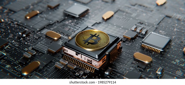 Bitcoin over a microprocessor in a motherboard.  With copy space and selective focusing. 3d render banner illustration. Concept for crypto currency, mining, technology, investment, finance - Powered by Shutterstock - Get 15% off with code: PIKWIZARD15