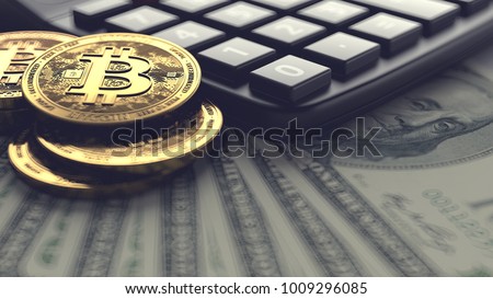 Bitcoin pile and calculator laying on dollar bills. Fees and taxes for cryptocurrencies investments concept. 3D rendering