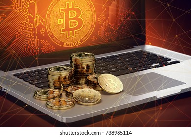 Bitcoin piles laying on computer with Bitcoin logo on-screen and blockchain nodes all around. Bitcoin transactions endangered concept. 3D rendering