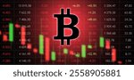 Bitcoin price drop. Cryptocurrency logo near investment quotes. Reducing cost of bitcoin exchange. Cryptocurrency growth rate is falling. BTC currency. Bitcoin background. 3d image.