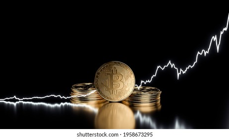 Bitcoin Price Increase. Golden Bitcoin Coins And Price Up Diagram. Bitcoin Price Going Up Isolated On The Black Background - 3D Illustration
