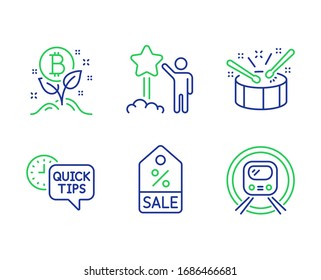 Bitcoin project, Quick tips and Star line icons set. Sale coupon, Drums and Metro subway signs. Cryptocurrency startup, Helpful tricks, Launch rating. Discount tag. Business set.