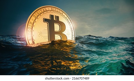Bitcoin rising up or sinking down into the deep sea. 3D render illustration.
