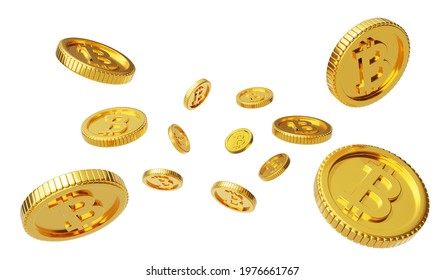 Bitcoin Scattered Gold Coins Falling 3d Coin, Cryptocurrencies explosion, Golden bitcoins, Golden Bitcoin floating 3d illustration.