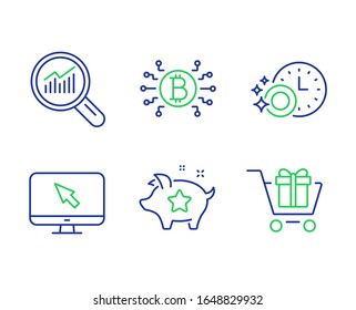 Bitcoin System, Data Analysis And Internet Line Icons Set. Dishwasher Timer, Loyalty Points And Shopping Cart Signs. Cryptocurrency Scheme, Magnifying Glass, Monitor With Cursor.