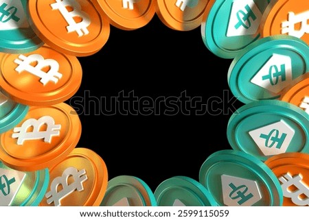 Bitcoin and Tether Usdt cryptocurrencies spread out in a circular shape forming a frame with copy space in the center. Illustration suitable for crypto market concepts. High quality 3D rendering.