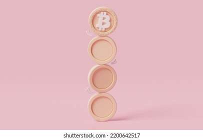 Bitcoin Token Standing On Unstable Vertical Stack Of Coins, Volatility In Crypto Market, Bitcoin Price Swing Risk Scenario, 3d Render Illustration.