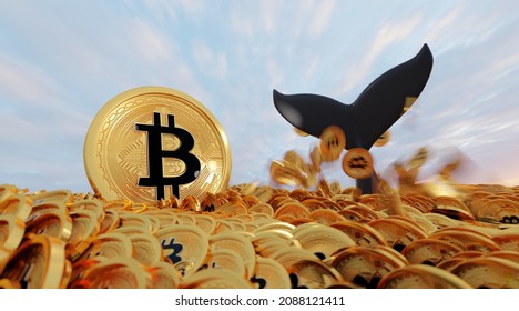 Bitcoin whale in action , whale in many bitcoin ocean and one big bitcoin . Whale is large investor in the BTC market .3D Rendering.