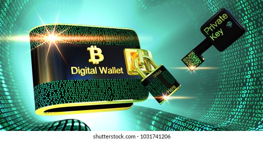 Bitcoins Digital Wallet With Lock And Private Key On Green Digital Tunnel,3D Illustration Concept.