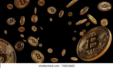 Bitcoins Falling, blockchain technology for cryptocurrency, isolated on black background with center space, 3D Rendering