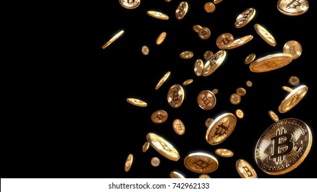 Bitcoins Falling, blockchain technology for cryptocurrency, isolated on black background with Glow Effect, Left copy space, 3D Rendering