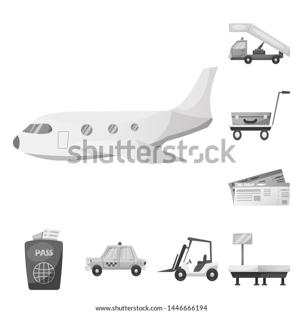 bitmap illustration of airport\
and airplane icon. Set of airport and plane stock bitmap\
illustration.