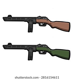 Bitmap illustration of two PPSh-41 submachine guns with brown and green wooden-style stocks, isolated on a white background. Cartoon-style vintage firearm illustrations for military, historical, gaming, and graphic design concepts.