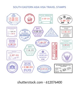 bitmap south eastern asia color travel visa stamps set