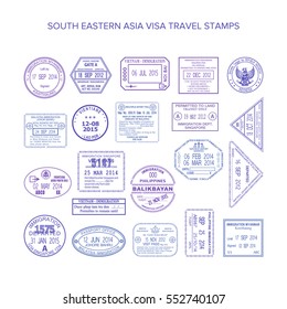 bitmap south eastern asia common travel visa stamps set