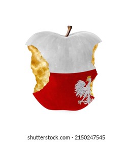 Bitten Apple On White Background. Conceptual Territory Occupation Graphics In Colors Of National Flag. Poland