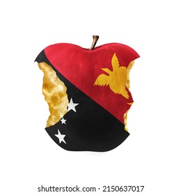 Bitten Apple On White Background. Conceptual Territory Occupation Graphics In Colors Of National Flag. Papua New Guinea