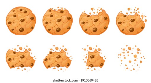 Bitten chocolate chip cookie. Crunch homemade brown biscuits broken with crumbs. Cartoon baked round choco cookies bite animation  set. Illustration animation disappear choco crumb piece bakery