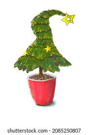 A Bizarre Christmas Tree With A Yellow Star On Top Of Its Head Growing In A Red Pot.