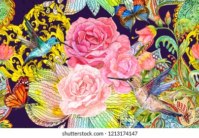 Bizarre Seamless Pattern With Fancy Blossoms And Hummingbirds. Watercolor Painting   